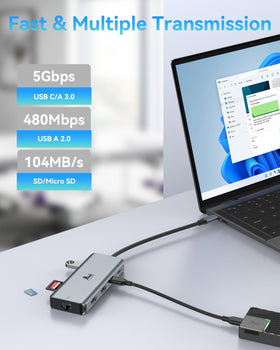 LIONWEI hub connected to laptop and two monitors showing multitasking workstation benefit