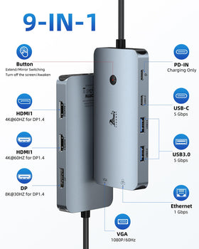 LIONWEI closeup of HDMI DP VGA and PD ports, highlights versatile connection options
