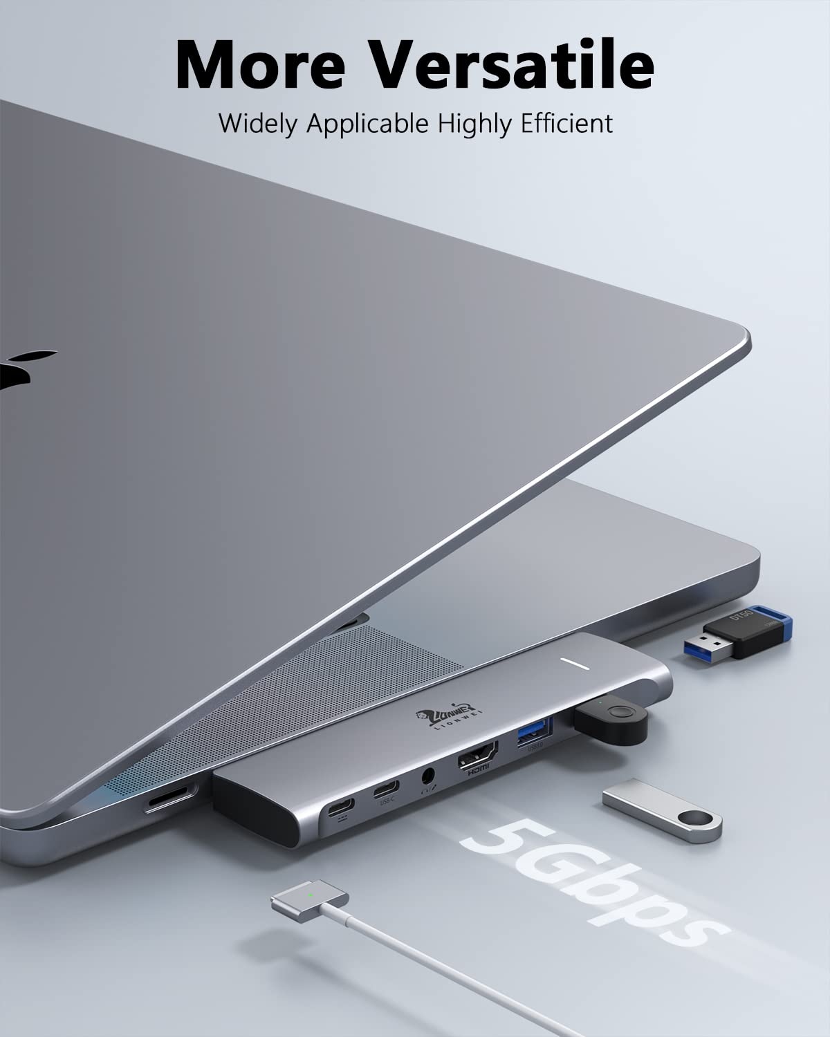 LIONWEI with Thunderbolt cable showing high-speed data and 100W charging