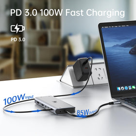 LIONWEI dock connected to laptop and two monitors for tidy workstation setup