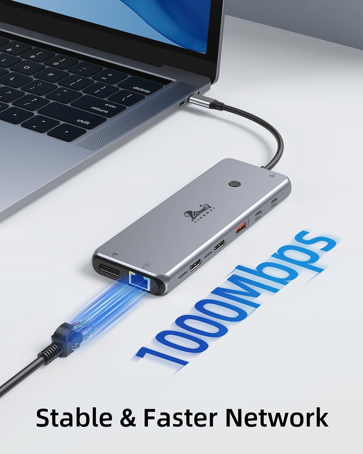 LIONWEI next to laptop charger for size comparison illustrating compact portability benefit