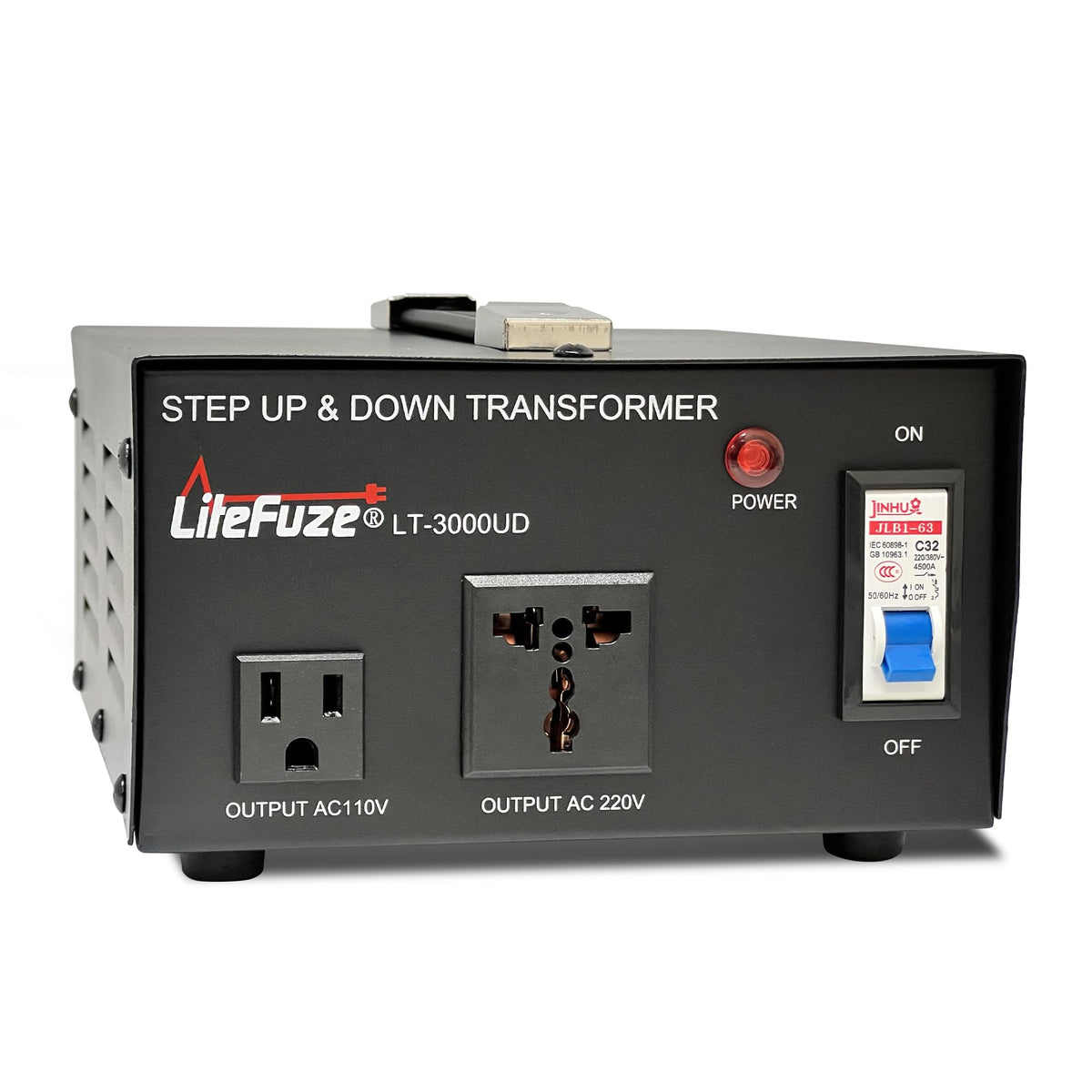 LiteFuze front panel showing controls and grounded universal outlet for safe operation