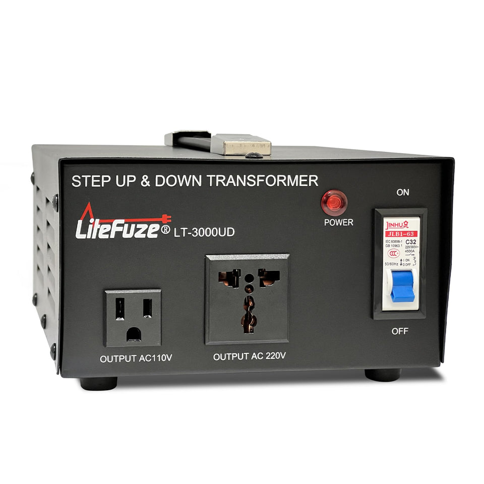 LiteFuze front panel showing controls and grounded universal outlet for safe operation