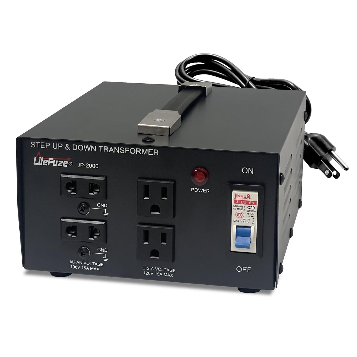 LiteFuze front view showing ports and grounded plug for safe conversion
