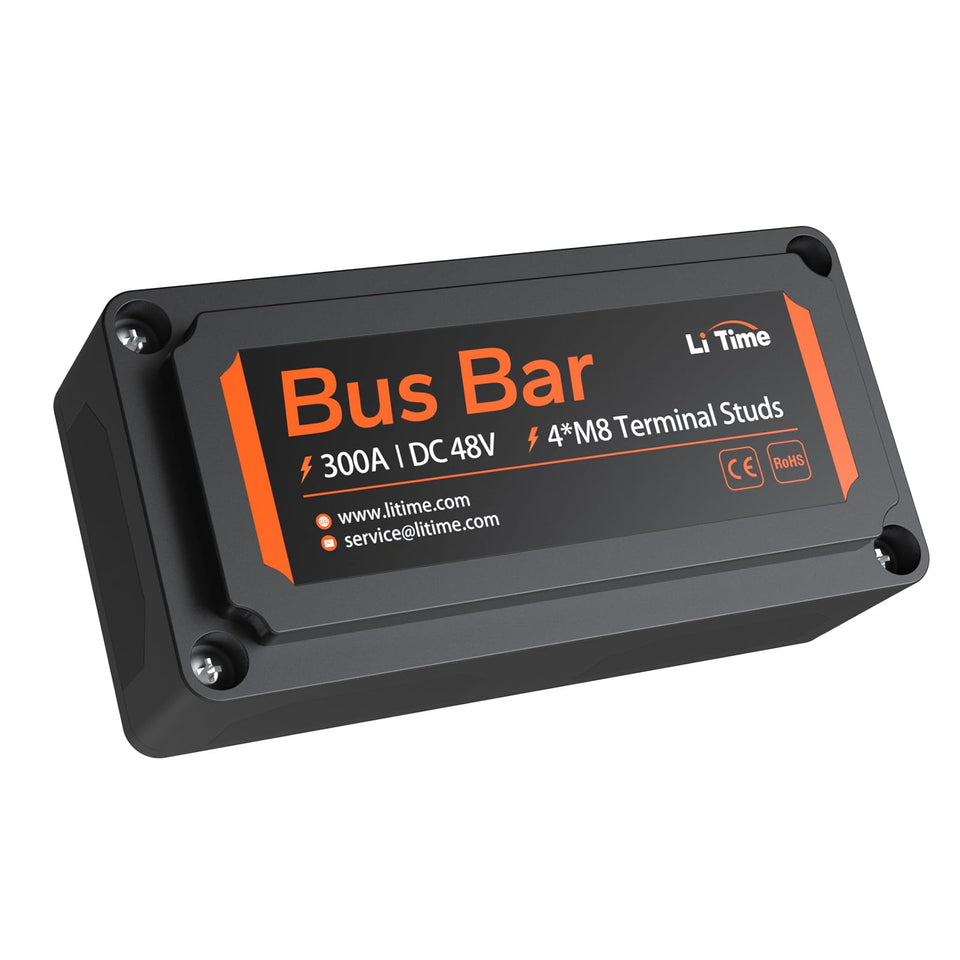 Litime front view of bus bar showing four M8 posts and black housing, organized connection