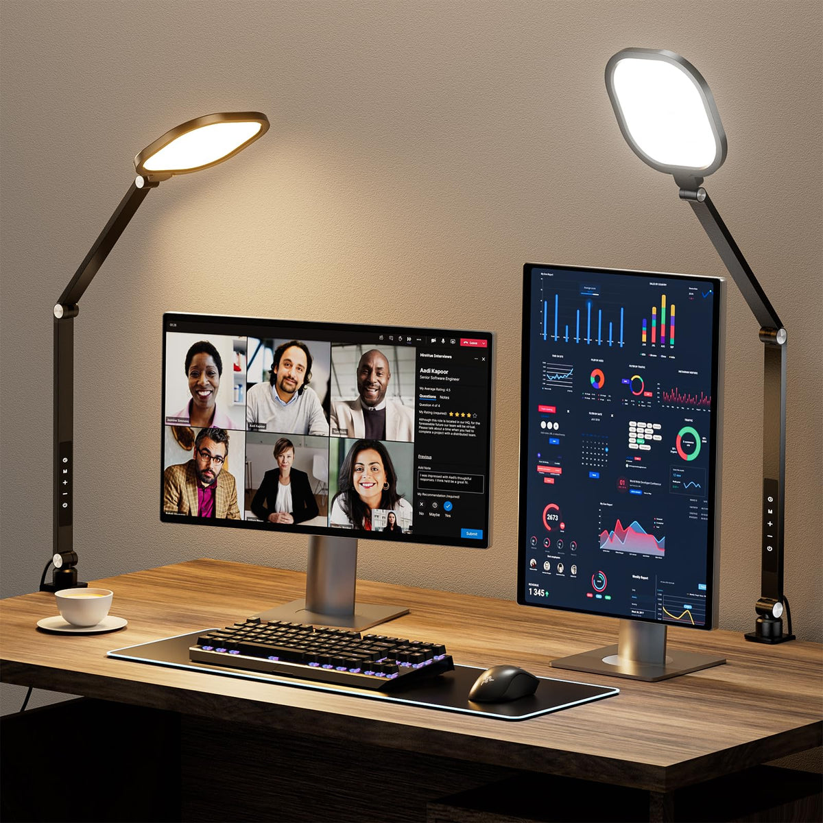 LitONES LED desk lamp clip-on provides even lighting across a spacious workspace.