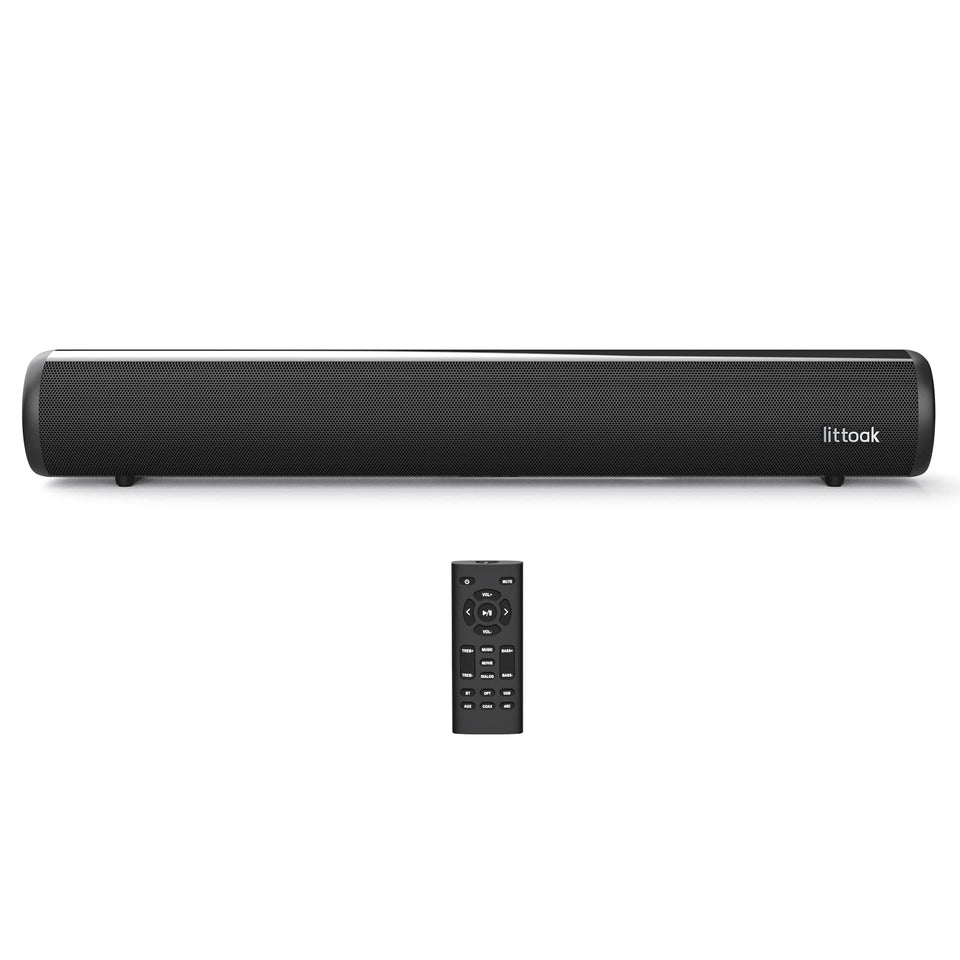 LITTOAK sound bar front view showing compact design and improved TV audio