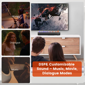 LITTOAK sound bar mounted under TV showing scale and space-saving installation