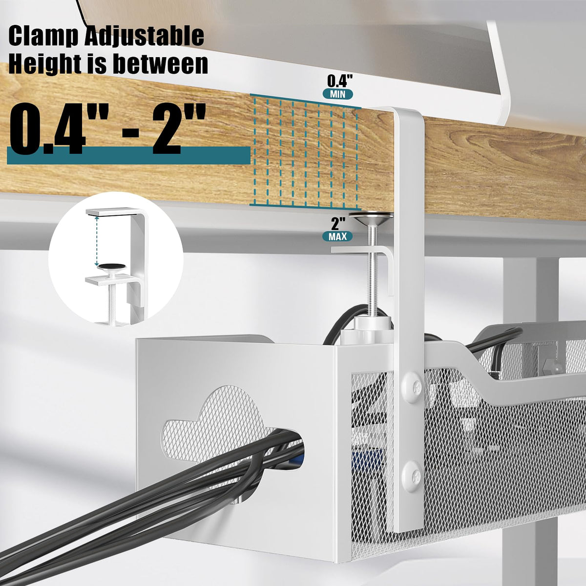 Litwaro clamp detail with rubber pads protecting desk surface and preventing scratches