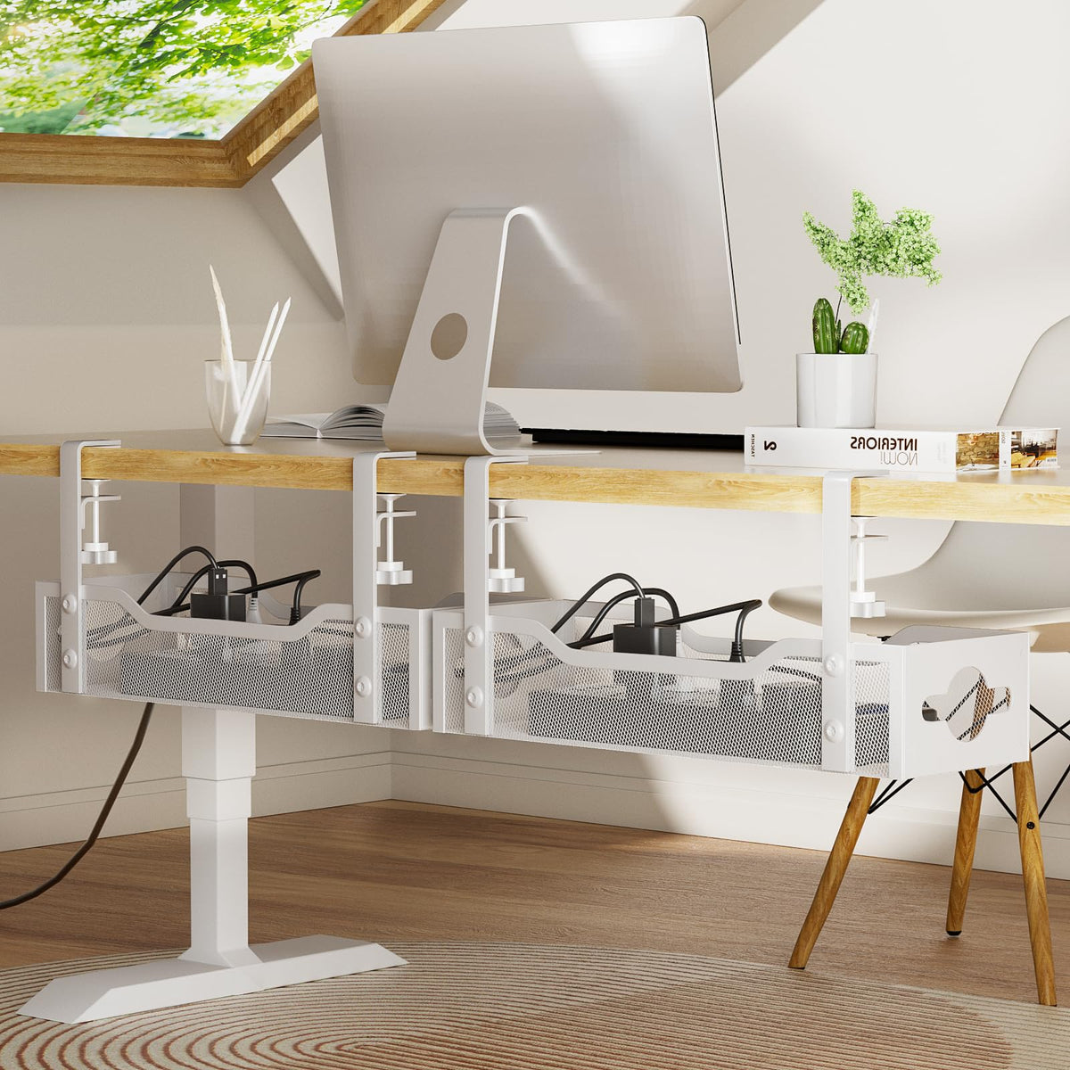 Litwaro front view of tray showing neat hidden cables and clean desk benefit
