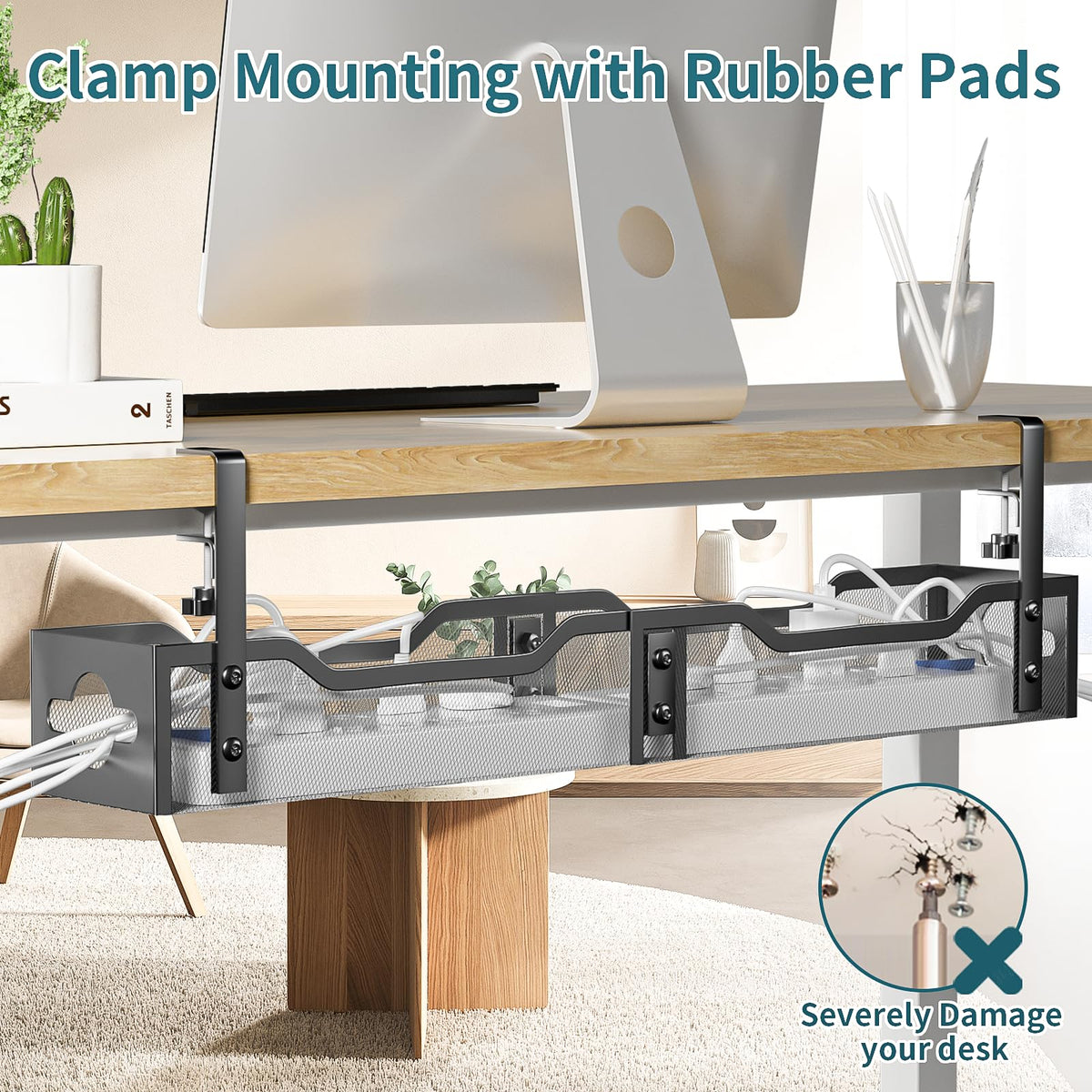 Litwaro tray installed outward under desk keeping power strip reachable for quick access