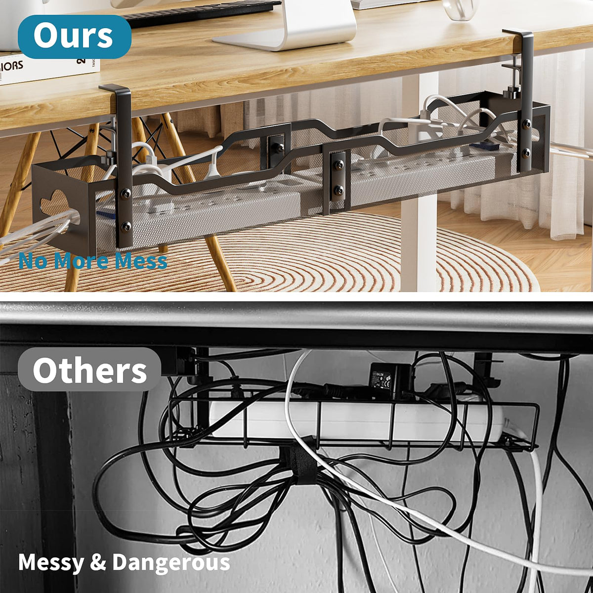 Litwaro tray installed inward under desk hiding power strip to keep floor clutter-free