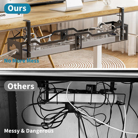 Litwaro tray installed inward under desk hiding power strip to keep floor clutter-free