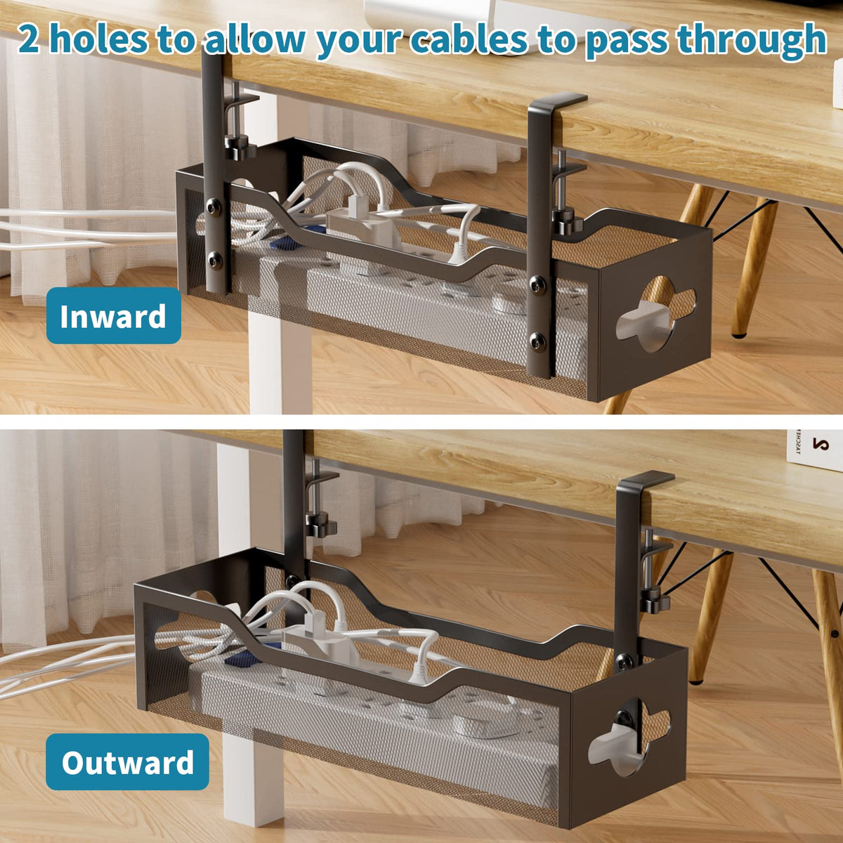 Litwaro mounted inward under desk keeping cords hidden and feet clear