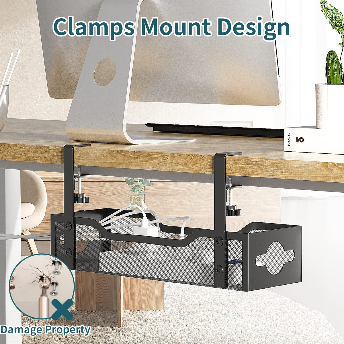 Litwaro clamp-on desk edge tray secures cables without drilling.
