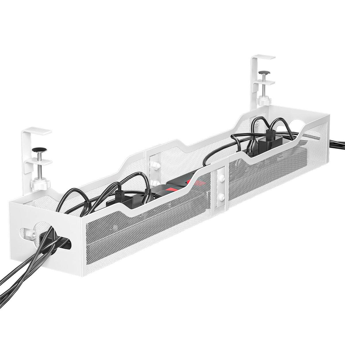 Litwaro front view of under-desk tray showing tidy cable organization benefit