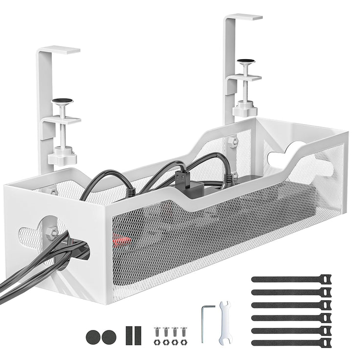 Litwaro front view of white under-desk cable tray keeping cords tidy