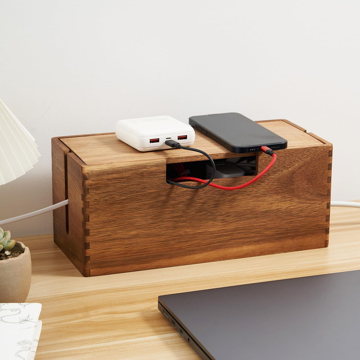 LiTY acacia wood box front view showing tidy concealed cables and neat aesthetic