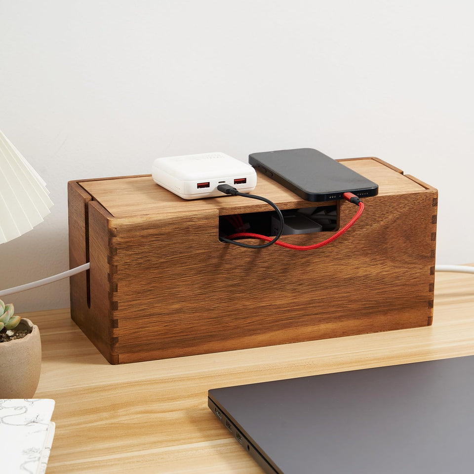LiTY acacia wood box front view showing tidy concealed cables and neat aesthetic