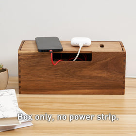 LiTY acacia box in desk setup hiding chargers and improving workspace appearance