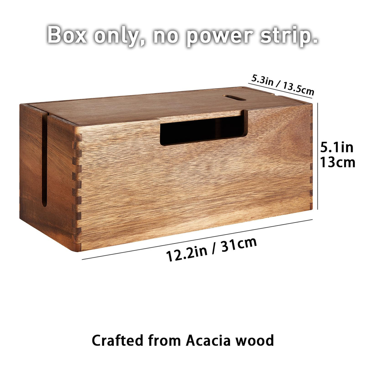 LiTY acacia box open top with magnetic lid revealing organized power strip access