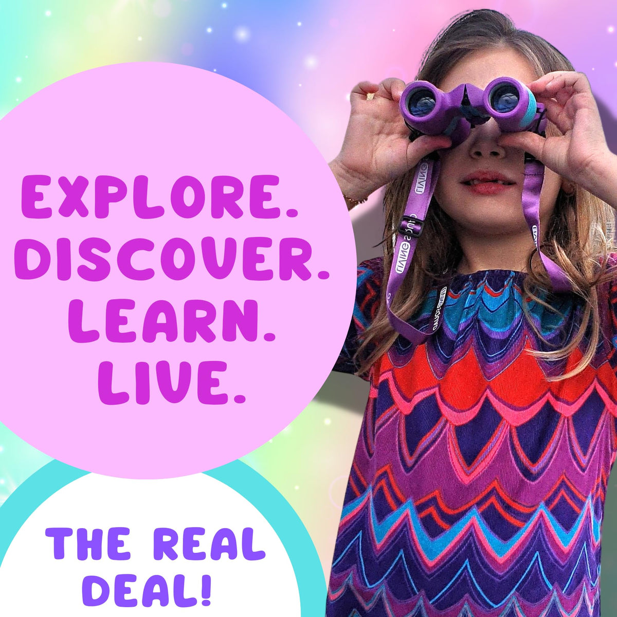 Living Squad close-up of 8x21 objective lenses delivering clear high-resolution views for kids