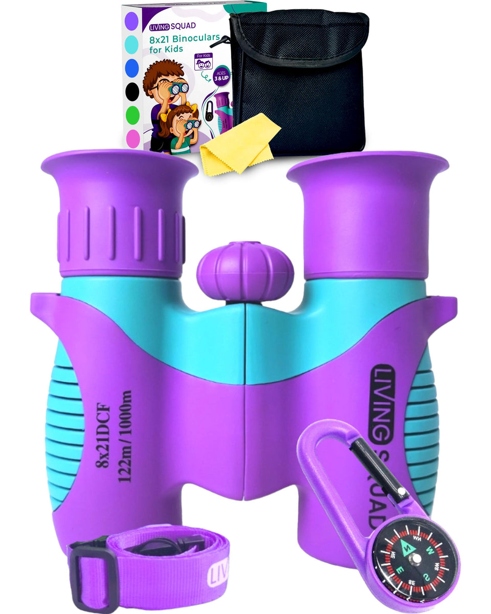 Living Squad front packaging showing purple binoculars and accessories, highlights gift-ready presentation