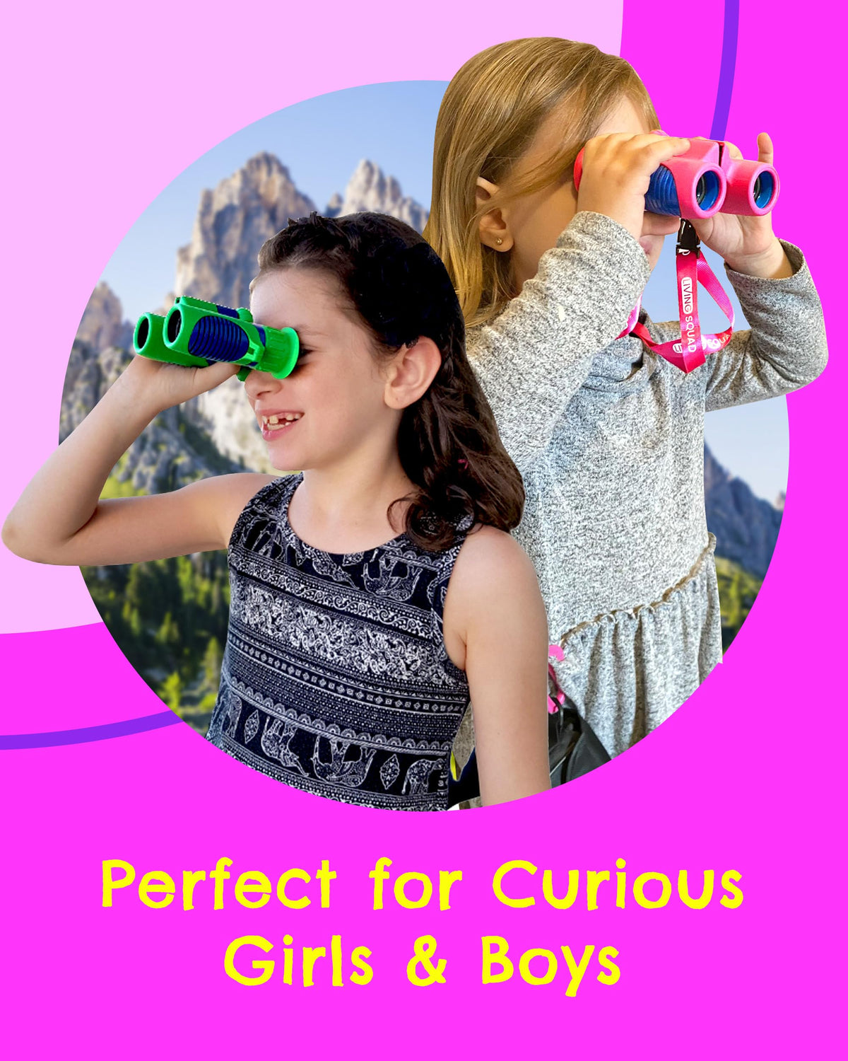 Living Squad kids using binoculars on a family hike illustrating outdoor exploration benefits