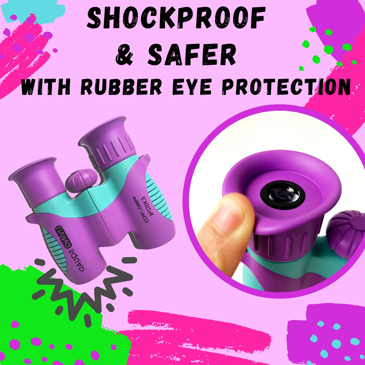 Living Squad binoculars next to a common toy for scale to show compact size for small hands