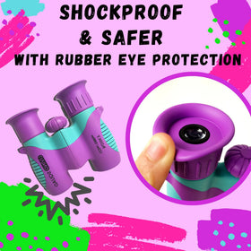 Living Squad binoculars next to a common toy for scale to show compact size for small hands