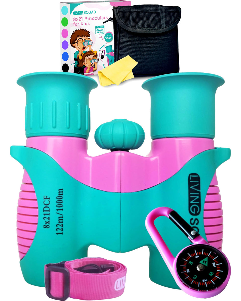 Living Squad front packaging showing turquoise binoculars and included accessories, encouraging ready-to-go exploration