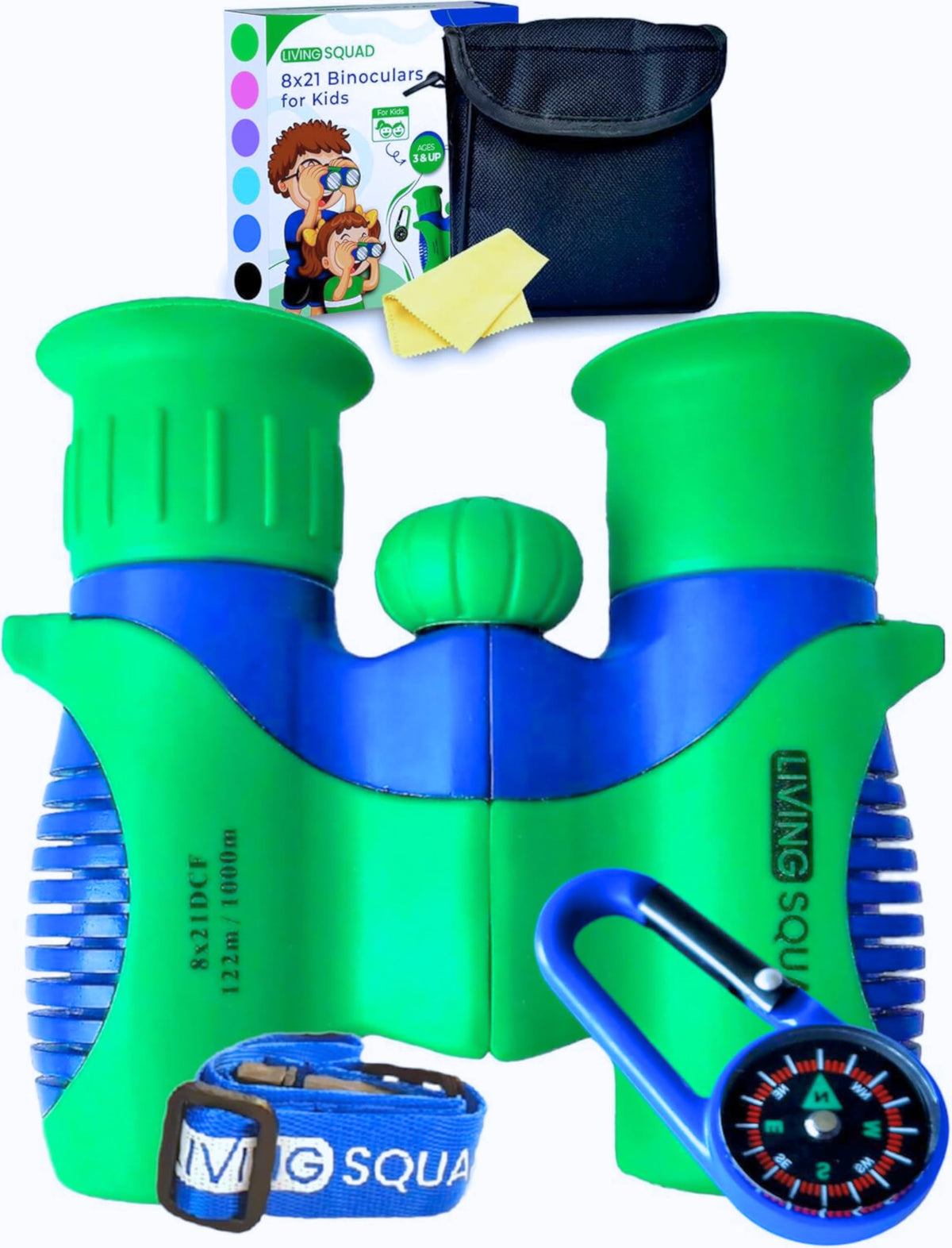 Living Squad front packaging showing green binoculars and complete kit benefits