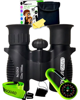 Living Squad front packaging showing full kids binocular kit and benefits