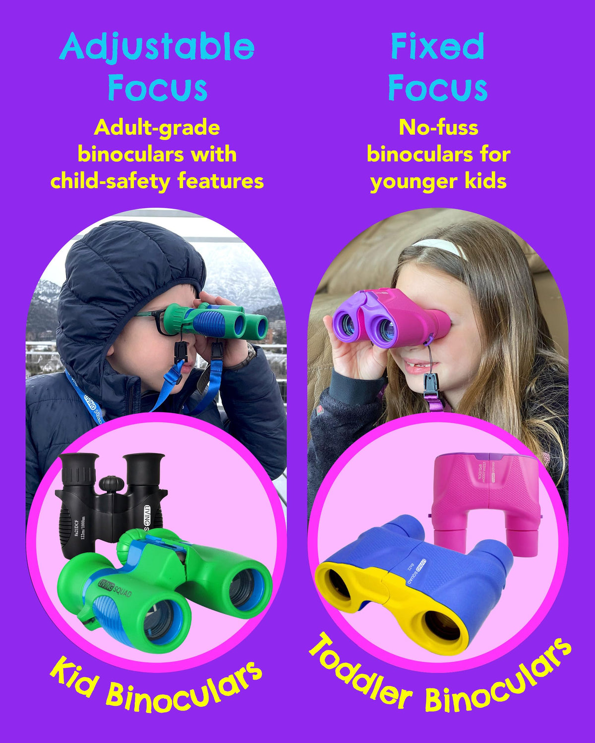 Living Squad binoculars on a trail with a child, promoting hiking and outdoor adventure play