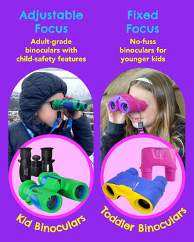 Living Squad binoculars on a trail with a child, promoting hiking and outdoor adventure play