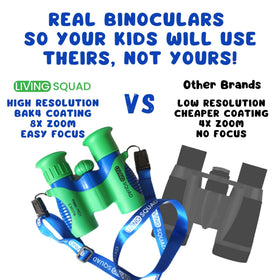 Living Squad binoculars viewing a starry sky, encourages safe stargazing for kids
