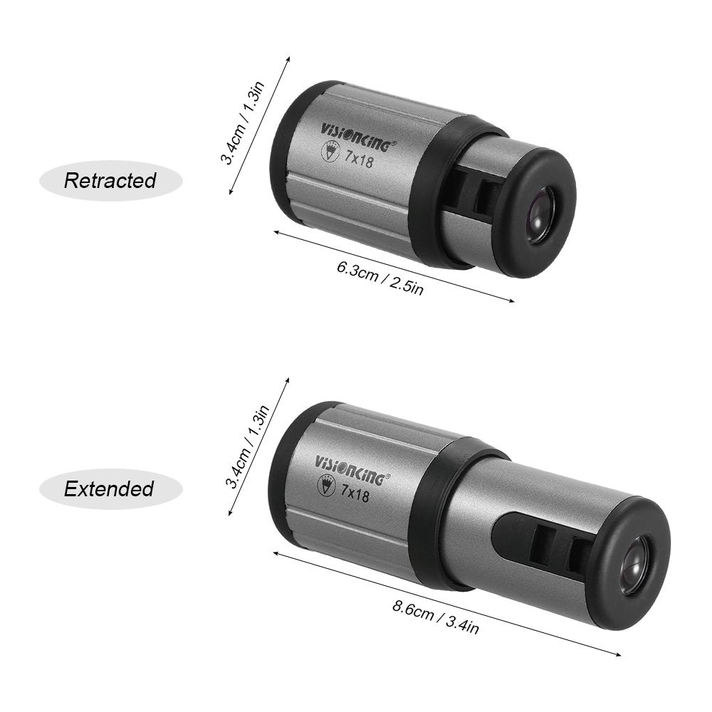 Pocket-sized monocular measures 2.5 inches and weighs under 2 ounces.
