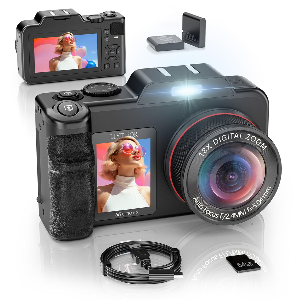 LIYTIFOR 5K camera front view with dual screens for easy self-framing