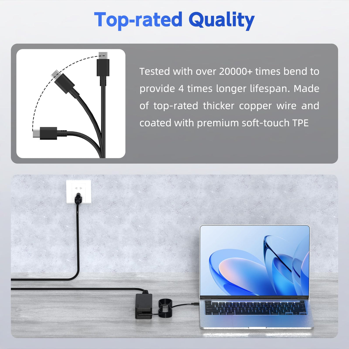 LJO-EEIH AC power cord beside adapter showing included cable for immediate use