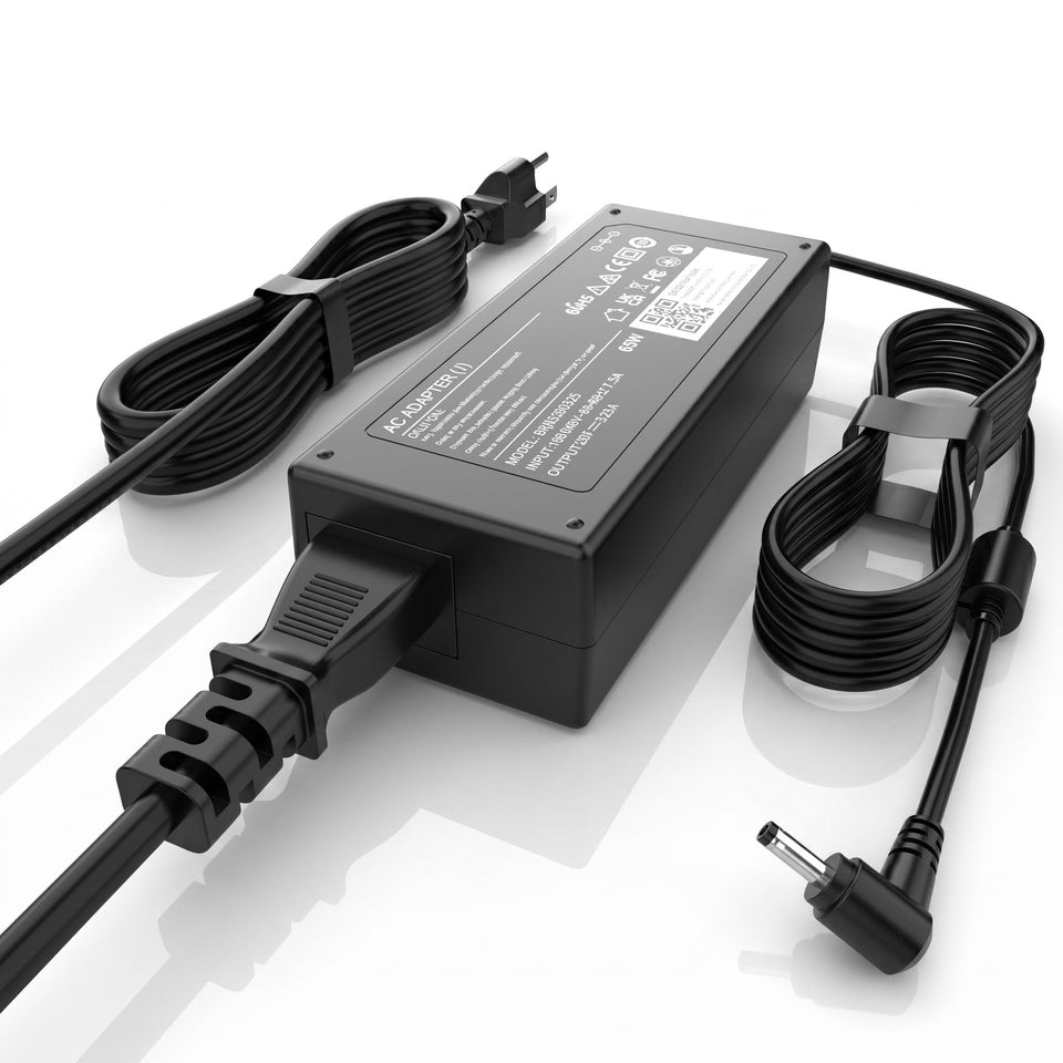 LJO-EEIH 65W laptop charger front view shows a compact, portable design for travel.