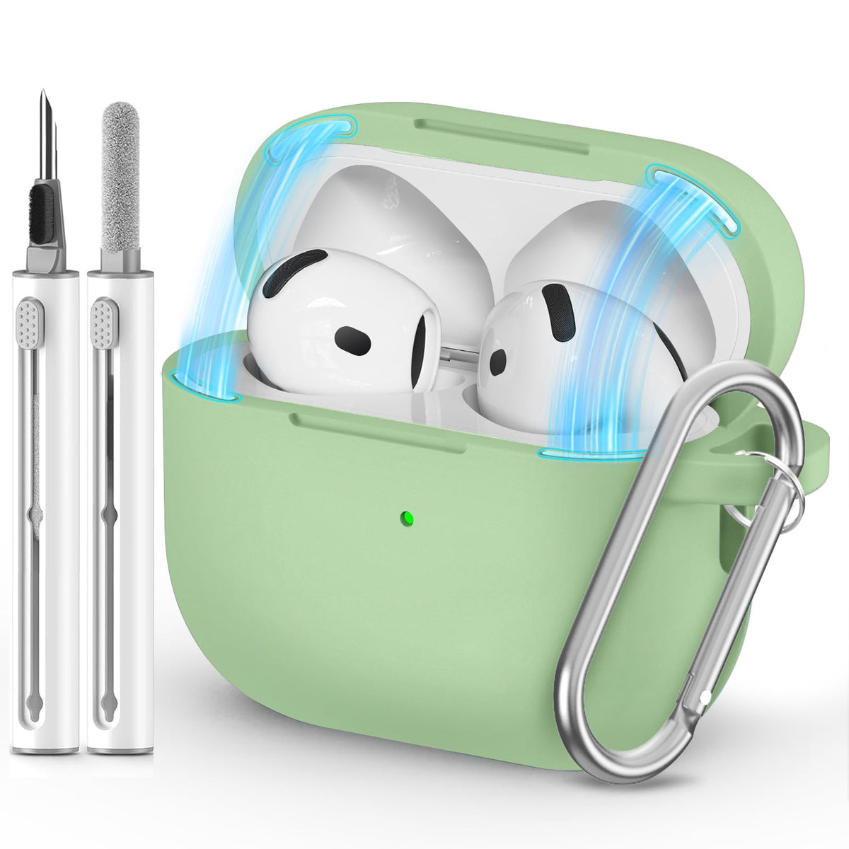 Ljusmicker AirPods 4 pastel green case front view with see-through wall for charging indicator