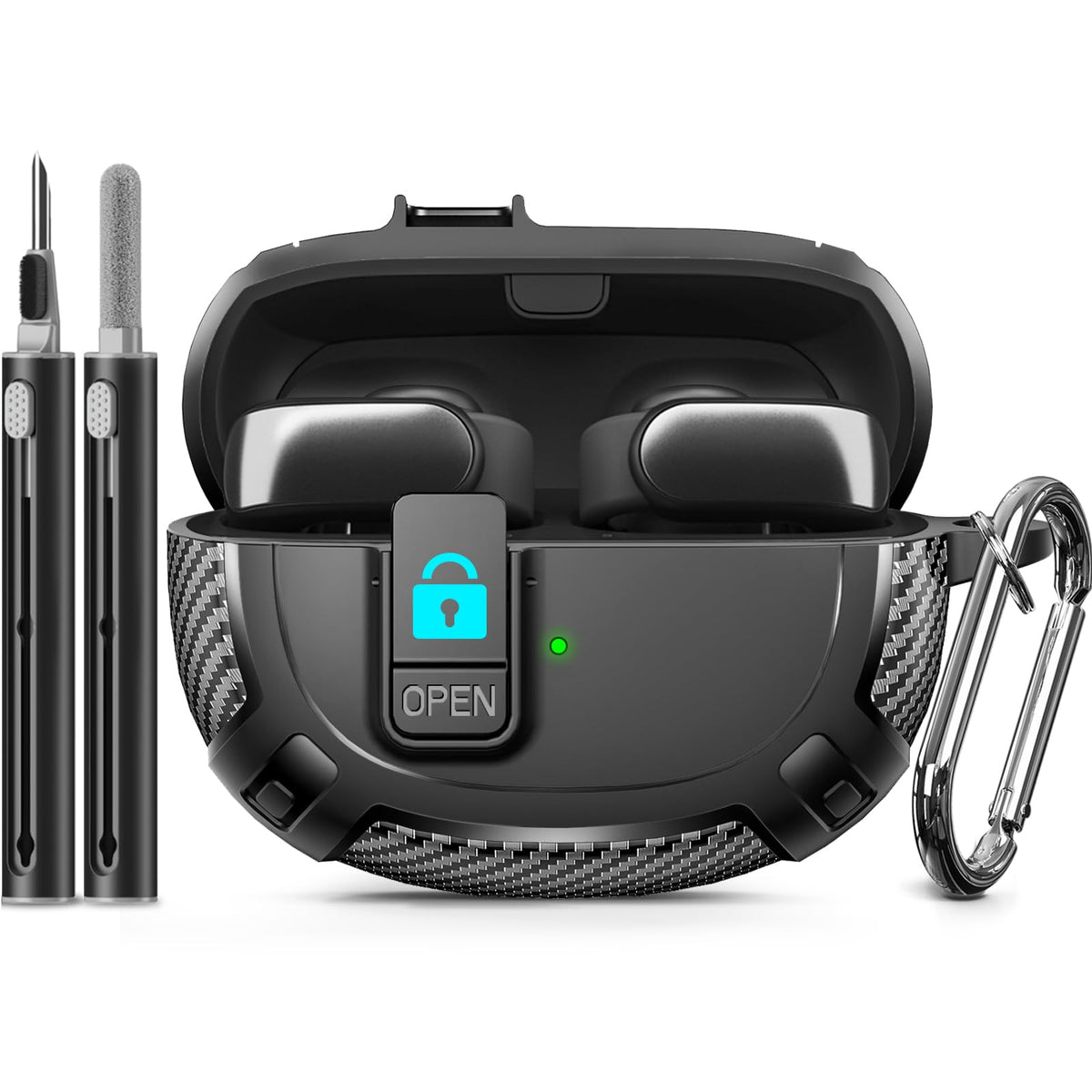 Ljusmicker front view of case on Bose Ultra Open Earbuds showing protective fit and visible LED