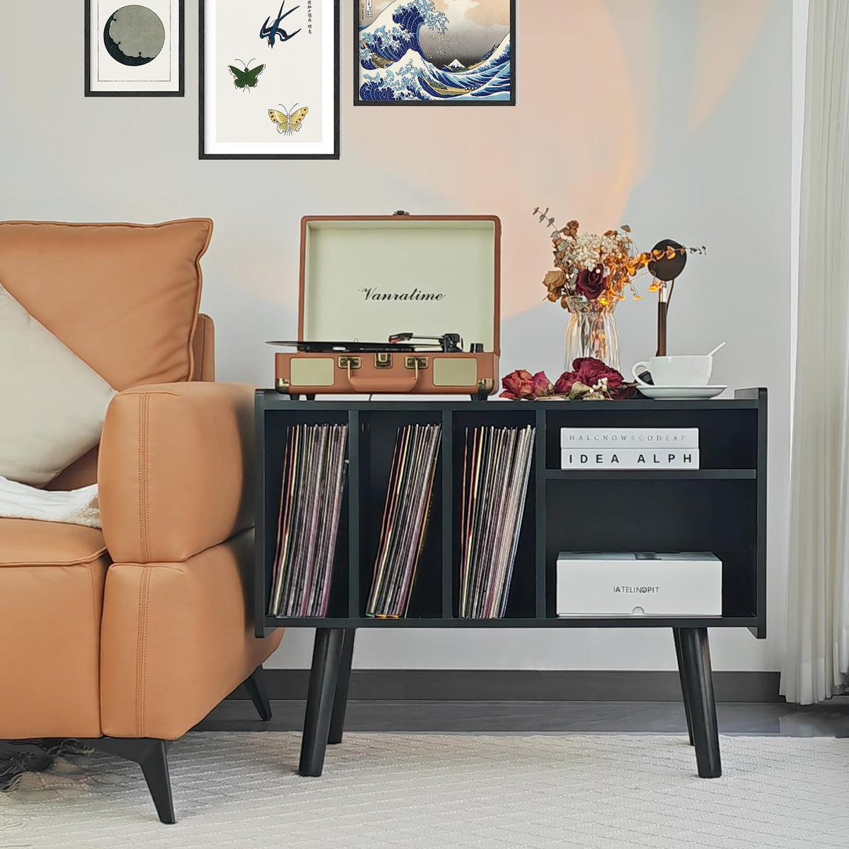 LKKRO record stand with beech legs adds sturdy support and warm contrast.
