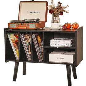 LKKRO record player stand with display shelf showing vinyl collection for stylish listening.