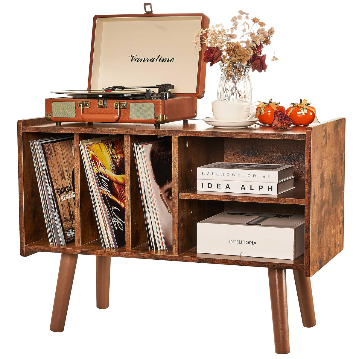 LKKRO record player stand front view with vinyl storage for easy access to records