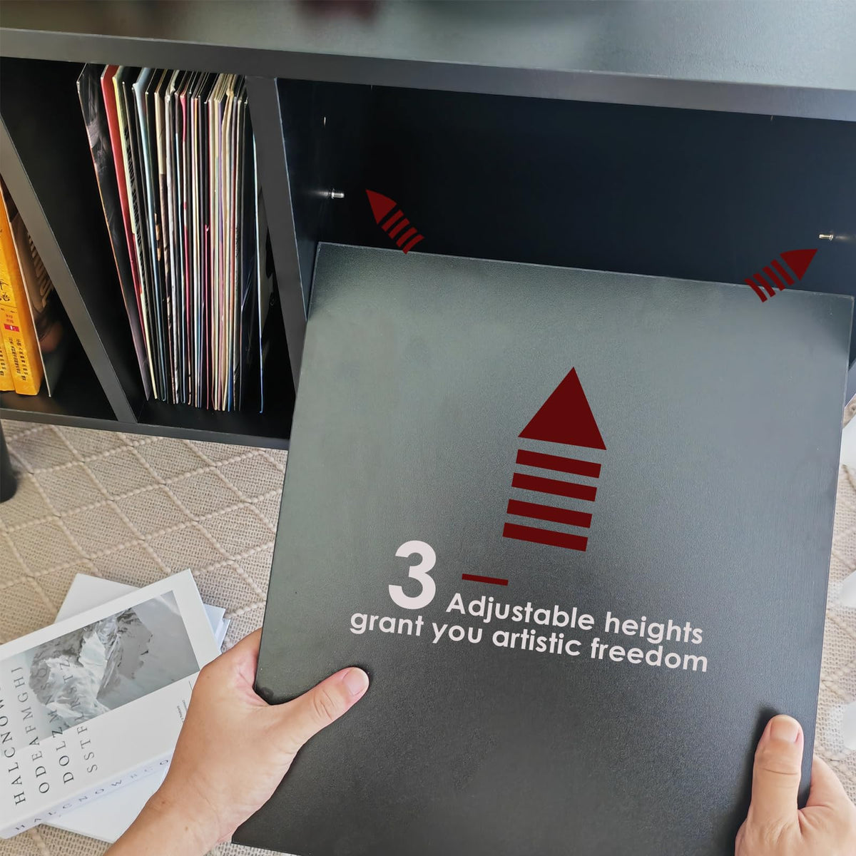 LKKRO storage cabinet holds records, turntable accessories, and compact speakers.