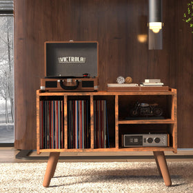 LKKRO record player stand side profile showing slim footprint and sturdy build