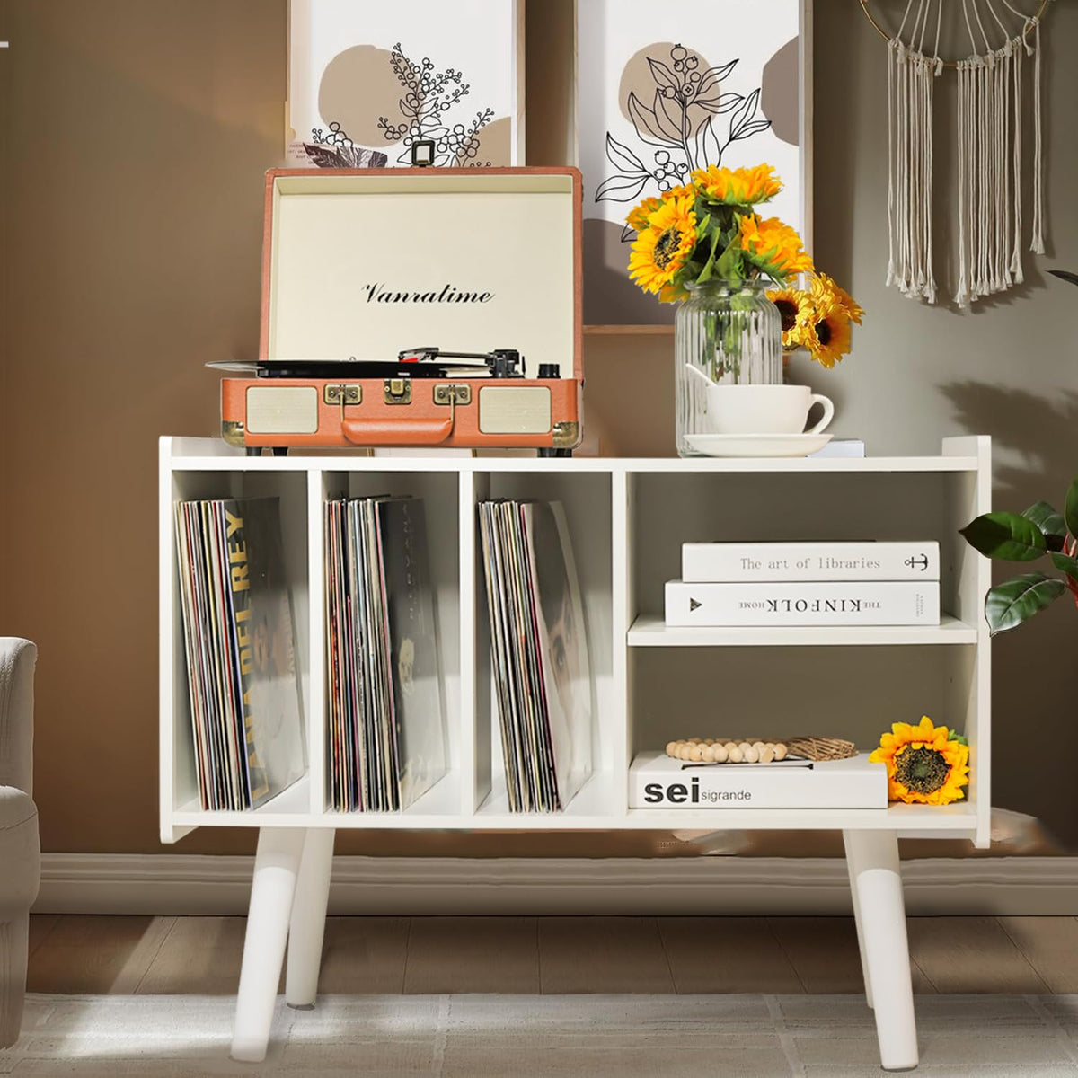 LKKRO record-player-stand top surface supports most turntables for easy setup.