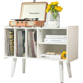 LKKRO record-player-stand with storage in white wood grain keeps vinyls organized.