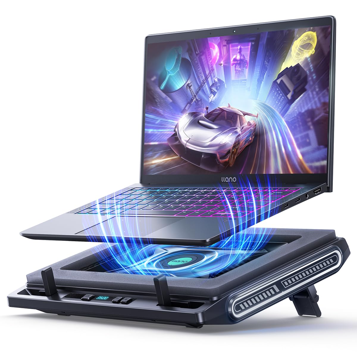 Llano laptop cooler front view highlighting stable cooling and ergonomic use